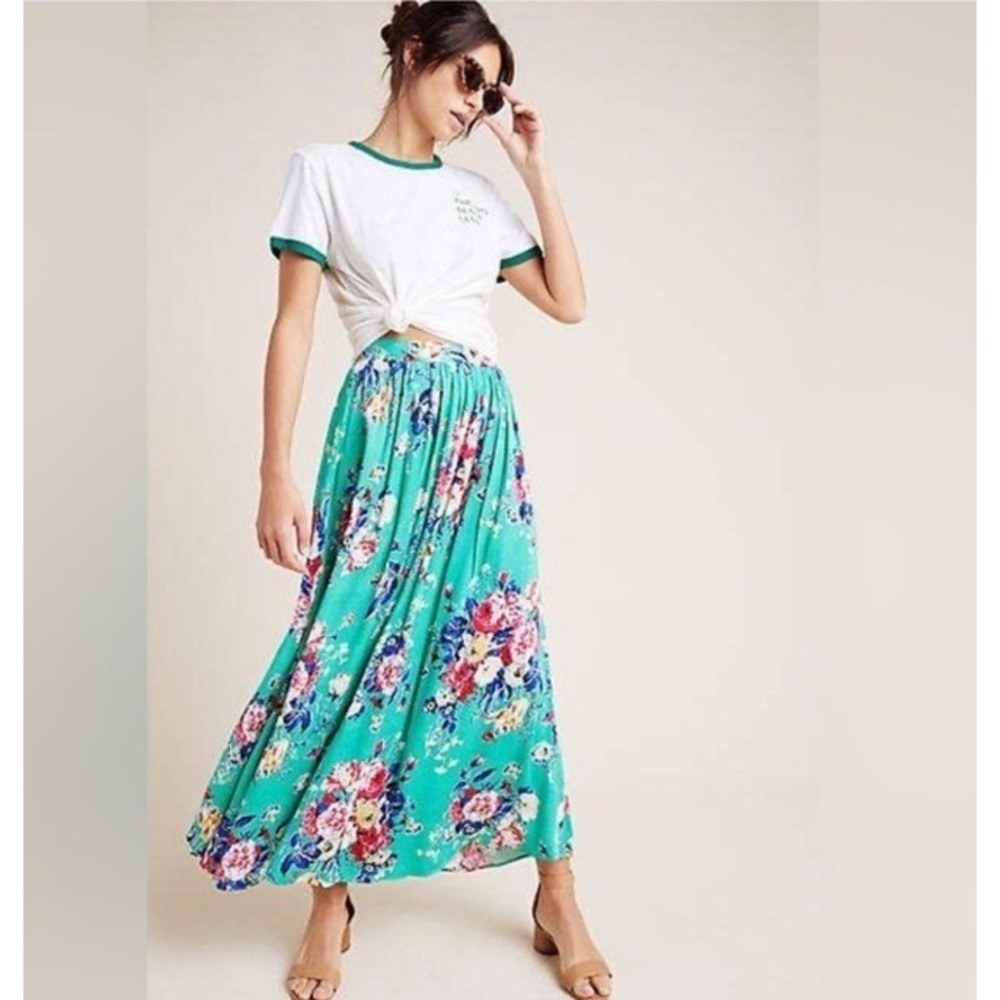 Anthropologie Floral Maxi Skirt in Teal and Pink
